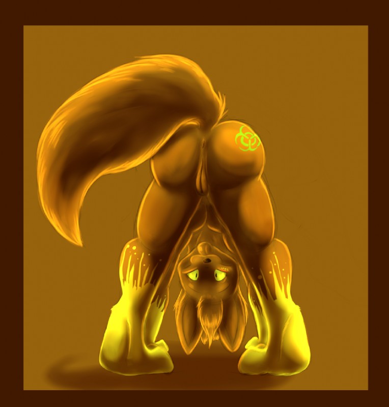 andromorph anthro anus bent_over biohazard_symbol border brown_border butt clitoris genitals hazard_symbol humor intersex looking_at_viewer looking_back nude presenting presenting_hindquarters pussy raised_tail solo symbol tail tongue tongue_out bloo myon canid canine fox mammal 2011 orange_theme warm_colors