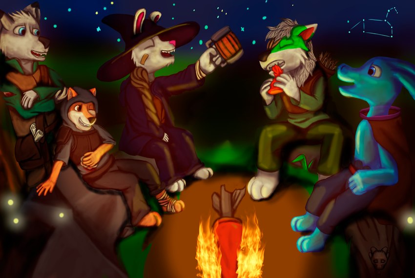 anthro bandage beer_mug blue_body blue_eyes bonfire brown_eyes cape clothed clothing constellation eating eyes_closed fangs food fully_clothed fur grass green_body green_fur grey_body grey_fur group hood leo_(constellation) male meat night open_mouth orange_body orange_fur outside party plant sky staff star starry_sky teeth white_body white_fur wounded theslimedragon dungeons_and_dragons hasbro mythology wizards_of_the_coast hohan canid canine canis domestic_cat dragon felid feline felis goo_creature hybrid lagomorph leporid mammal mythological_creature mythological_scalie rabbit rodent scalie sciurid slime_dragon wolf hi_res