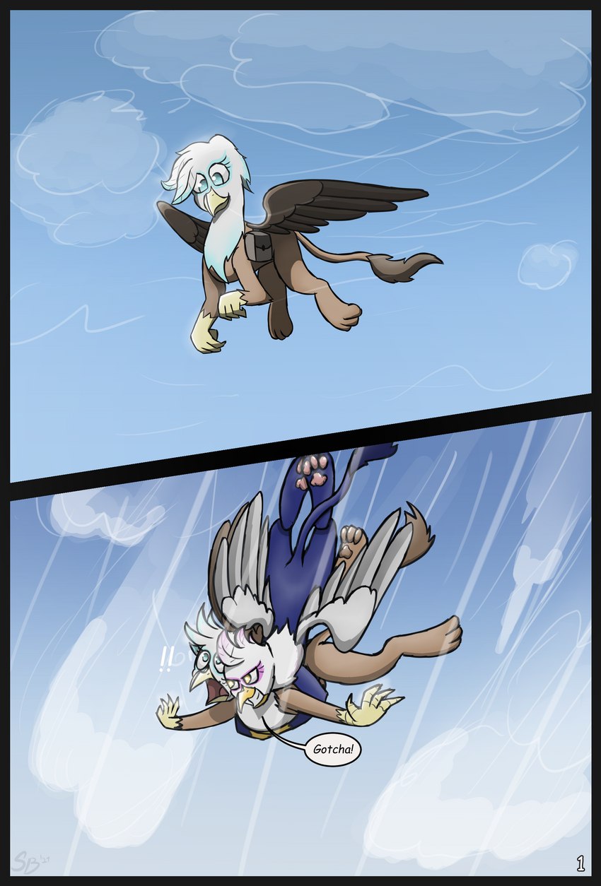 clothing dialogue duo female female/female feral flying sky sombird hasbro my_little_pony mythology glyphie avian gryphon mythological_avian mythological_creature absurd_res cel_shading comic hi_res shaded