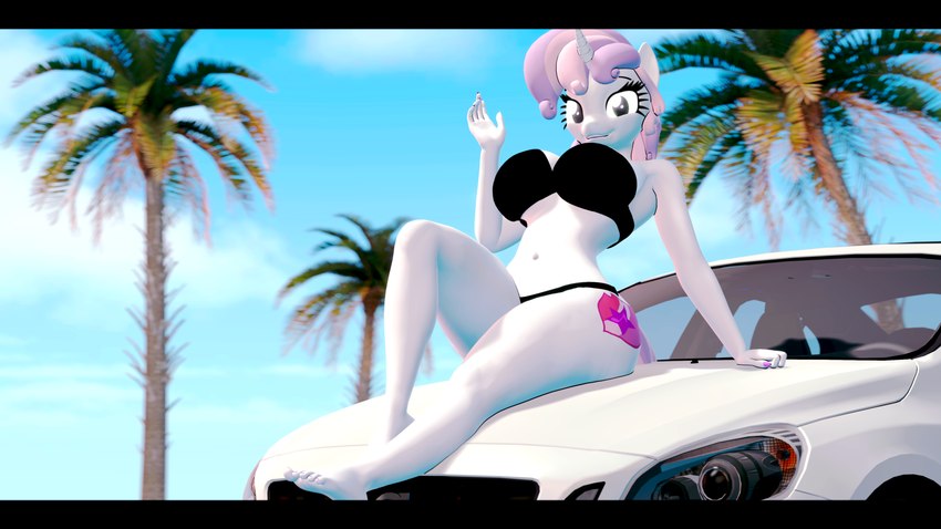 5_fingers 5_toes aged_up anthro anthrofied big_breasts bikini black_bikini black_border black_clothing black_swimwear blue_sky border breasts car car_hood_pose clothing curvy_figure cutie_mark detailed_background eyelashes feet female fingers fur gesture hair horn looking_at_viewer multicolored_hair navel outside palm_tree pink_hair pink_tail plant purple_hair purple_tail sitting sky smile solo strapless_bikini strapless_clothing strapless_swimwear swimwear tail thick_thighs toes tree two-piece_swimsuit two_tone_hair two_tone_tail unicorn_horn vehicle voluptuous waving waving_at_viewer white_body white_fur wide_hipped_female wide_hips themanwithaquest friendship_is_magic hasbro my_little_pony mythology sweetie_belle_(mlp) equid equine mammal mythological_creature mythological_equine unicorn 16:9 2024 3d_(artwork) 4k absurd_res digital_media_(artwork) hi_res source_filmmaker_(artwork) widescreen