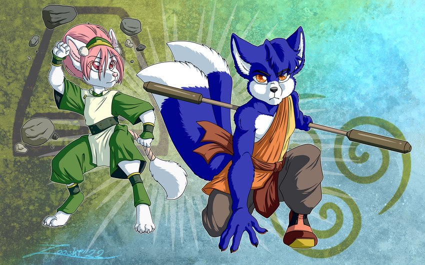 anthro blue_body blue_fur clothing cosplay costume disguise duo female fur male zooshi avatar:_the_last_airbender nickelodeon the_last_airbender aang cainesama toph_beifong canid canine fox mammal hi_res