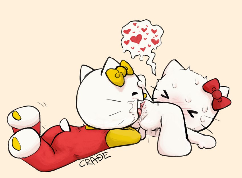 anthro blush bodily_fluids bow_accessory butt clothing cunnilingus female female/female genitals heart_symbol licking oral overalls pussy sex simple_background smile spread_legs spreading sweat tongue tongue_out vaginal young young_anthro young_female crade hello_kitty_(series) sanrio hello_kitty_(character) mimmy_white domestic_cat felid feline felis mammal 2023 hi_res incest_(lore) sibling_(lore) sister_(lore) sisters_(lore)