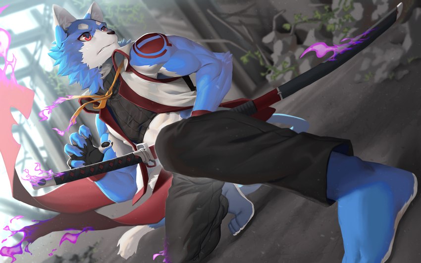 anthro blue_body blue_fur clothed clothing countershading detailed_background dutch_angle fingerless_gloves fur gloves handwear japanese_sword male melee_weapon outside red_eyes solo sword tattoo weapon white_body white_fur ty_arashi youye_(character) canid canine canis mammal wolf 16:10 2021 absurd_res digital_media_(artwork) hi_res widescreen