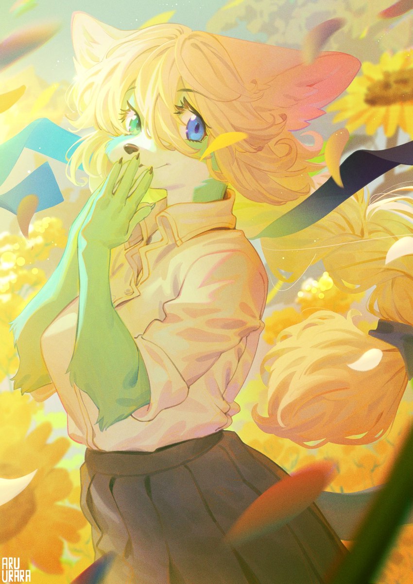 anthro blouse blue_body blue_eyes blue_fur bottomwear clothed clothing female flower fur furgonomics green_eyes hair hands_over_mouth heterochromia kemono light looking_at_viewer plant pleated_skirt ribbons skirt solo sunflower tail tail_through_skirt topwear white_hair yellow_lighting aruurara hashimoto-chan felid feline mammal hi_res lighting