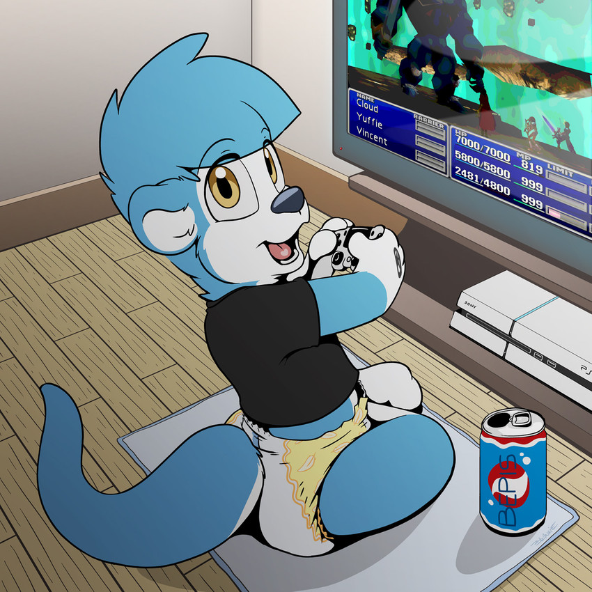 anthro beverage_can black_nose blue_body blue_fur clothed clothing controller diaper electronics floor fur furgonomics game_console game_controller game_screen gaming holding_controller holding_game_controller holding_object inside male mat open_mouth playing_video_game playstation_console playstation_controller ps4_console screen sitting solo television wearing_diaper white_body white_fur wireless_controller wood wood_floor young young_anthro blankieplush bepis dualshock dualshock_4 final_fantasy final_fantasy_vii playstation playstation_4 sony_corporation sony_interactive_entertainment square_enix iron_man_(final_fantasy_vii) island_(character) mammal mustelid otter 1:1 2019 hi_res