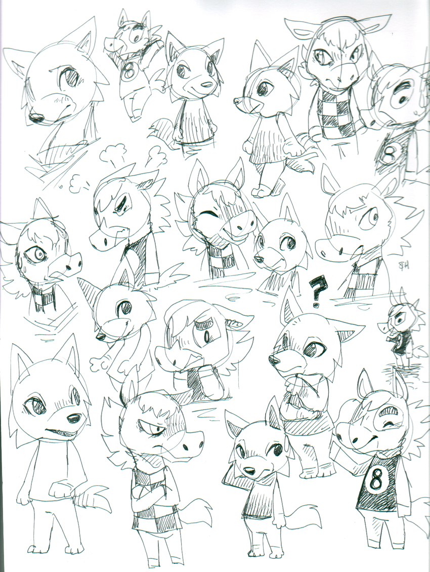 3_fingers 3_toes ambiguous_gender angry anthro clothing expressions feet fingers group grumpy happy hooves joyful male number number_on_clothing question_mark scared shirt stare toes topwear wave worried spacesmilodon animal_crossing nintendo fang_(animal_crossing) canid canine canis equid equine horse mammal wolf expression_sheet hi_res sketch sketch_page