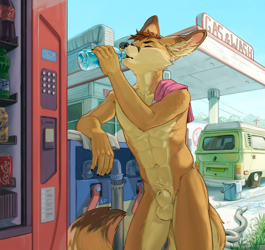 abs animal_genitalia anthro arms_bent athletic athletic_anthro athletic_male backlighting balls beverage biped black_claws black_eyebrows black_lips black_markings blonde_pubes blue_sky bottle brown_body brown_ear_tips brown_fur brown_markings brown_tail_tip brown_text bucket building casual_nudity claws clear_sky container countershade_face countershade_fur countershade_legs countershade_neck countershade_tail countershade_torso countershading day detailed_background dipstick_ears dipstick_tail drinking drinking_from_bottle ear_markings eyebrows eyes_closed facial_markings finger_claws fingers front_view fully_sheathed fur gas_station genitals grass grey_nose hair head_markings holding_beverage holding_bottle holding_container holding_object humanoid_hands inner_ear_fluff light lips long_tail male male_anthro markings medium_truck monotone_hair multicolored_body multicolored_ears multicolored_fur multicolored_tail navel notched_ear nude nude_anthro nude_male open_mouth outdoor_nudity outside pink_inner_ear plant pubes public public_nudity sheath short_hair sign sky snout solo standing sunlight tail tail_markings tan_body tan_ears tan_fur tan_tail text truck tuft utility_pole van vehicle vending_machine water_bottle yellow_balls yellow_body yellow_countershading yellow_fur yellow_inner_ear_fluff yellow_sheath yellow_tail yellow_tuft spiritinchoco keksy24 canid canine fennec_fox fox mammal true_fox 2026 alternate_version_at_source detailed digital_media_(artwork) english_text hi_res lighting portrait shaded three-quarter_portrait