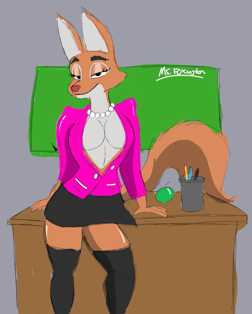 anthro bottomwear breasts classroom clothing countershading desk eyebrow_piercing facial_piercing female female_anthro fur furniture glistening_eyelids jewelry legwear lidded_eyes looking_at_viewer necklace orange_tail piercing pose school skirt solo table tail teacher thigh_highs topwear jrxt dreamworks the_bad_guys diane_foxington canid canine fox mammal hi_res pinup portrait three-quarter_portrait