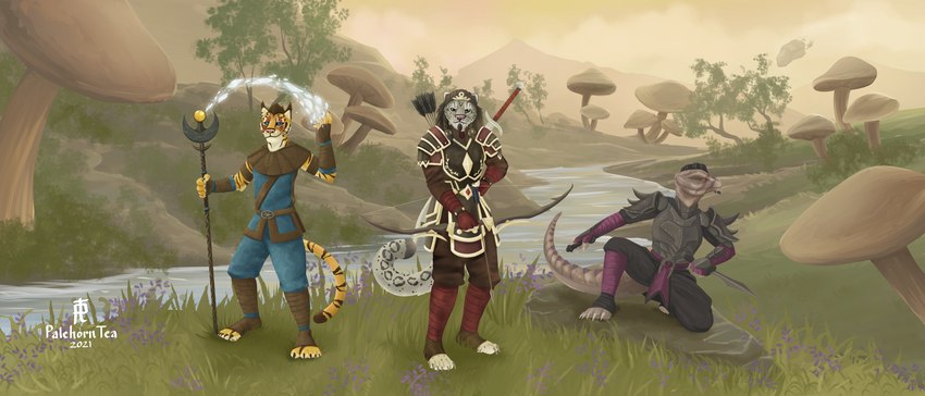 anthro archer archery armor bow_(weapon) dagger fighting_pose group magic magic_user male melee_weapon pose ranged_weapon rogue staff sword trio weapon palehorntea bethesda_game_studios microsoft morrowind the_elder_scrolls jo'reysha kahei-ra pavur-dar umbrose argonian felid khajiit mammal pantherine scalie snow_leopard tiger 2021 7:3 absurd_res hi_res