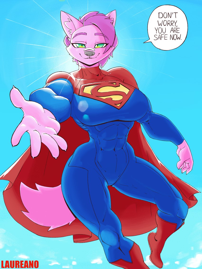 anthro big_breasts breasts clothed clothing female hair hero heroine looking_at_viewer pink_body pink_hair simple_background sky smile solo superhero tail text laureano dc_comics supergirl superman canid canine canis mammal 3:4 absurd_res digital_media_(artwork) english_text hi_res