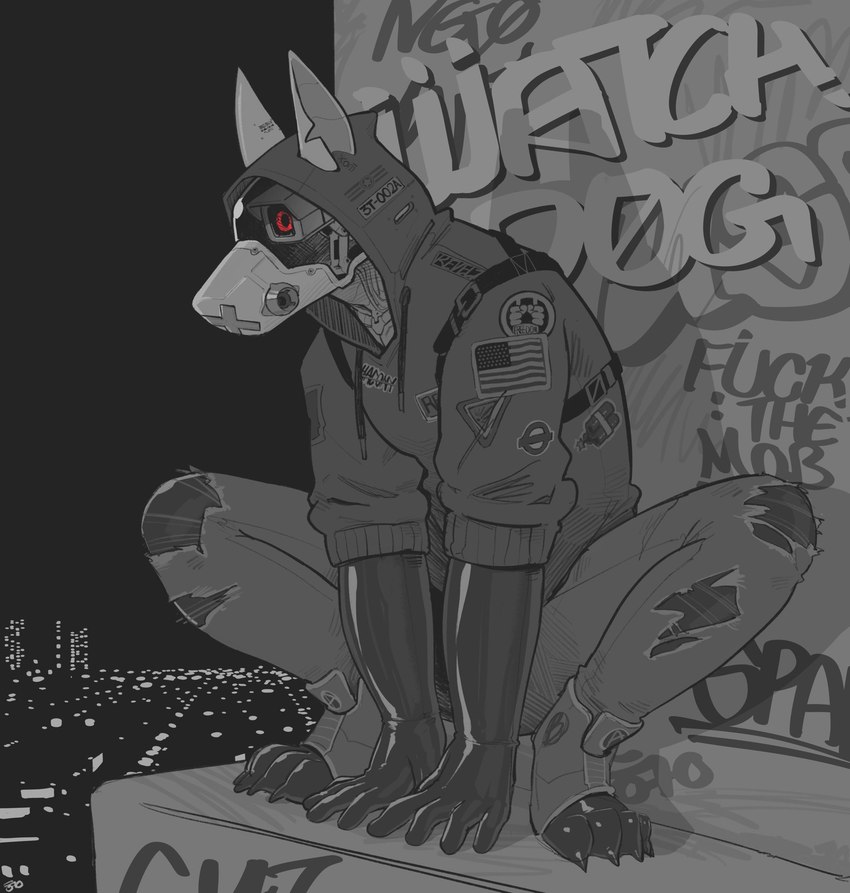 1_eye all_fours american_flag anthro black_arms black_hands black_latex black_paws bottomwear city city_background claws clothing crouching furgonomics gloves graffiti graffiti_on_wall handwear hoodie jacket latex latex_clothing latex_gloves latex_handwear machine male metallic_body night pants paw_shoes paws red_eyes snout solo straps toe_claws topwear torn_bottomwear torn_clothing torn_pants united_states_of_america hacony canid canine canis domestic_dog mammal robot robot_dog hi_res monochrome