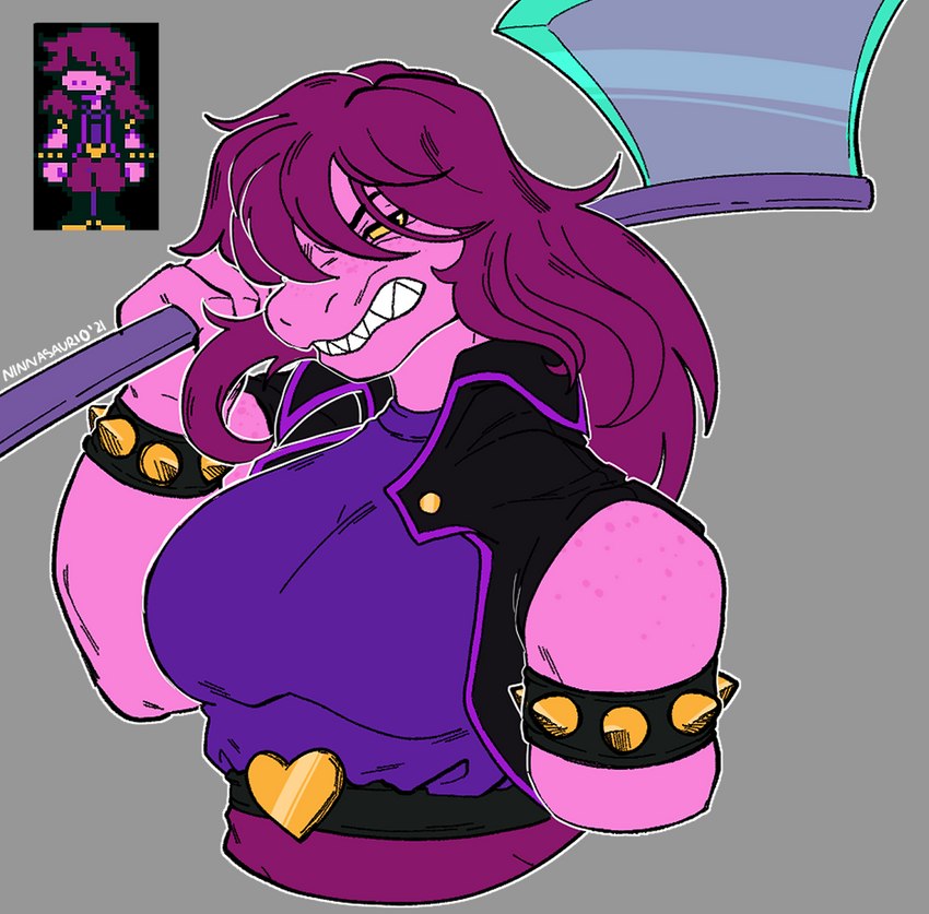 anthro armband axe big_breasts bracelet breasts female heart_belt jewelry looking_at_viewer melee_weapon non-mammal_breasts solo spiked_armband spiked_bracelet spikes weapon weapon_over_shoulder wielding_weapon etoilenocturne deltarune undertale_(series) susie_(deltarune) scalie hi_res