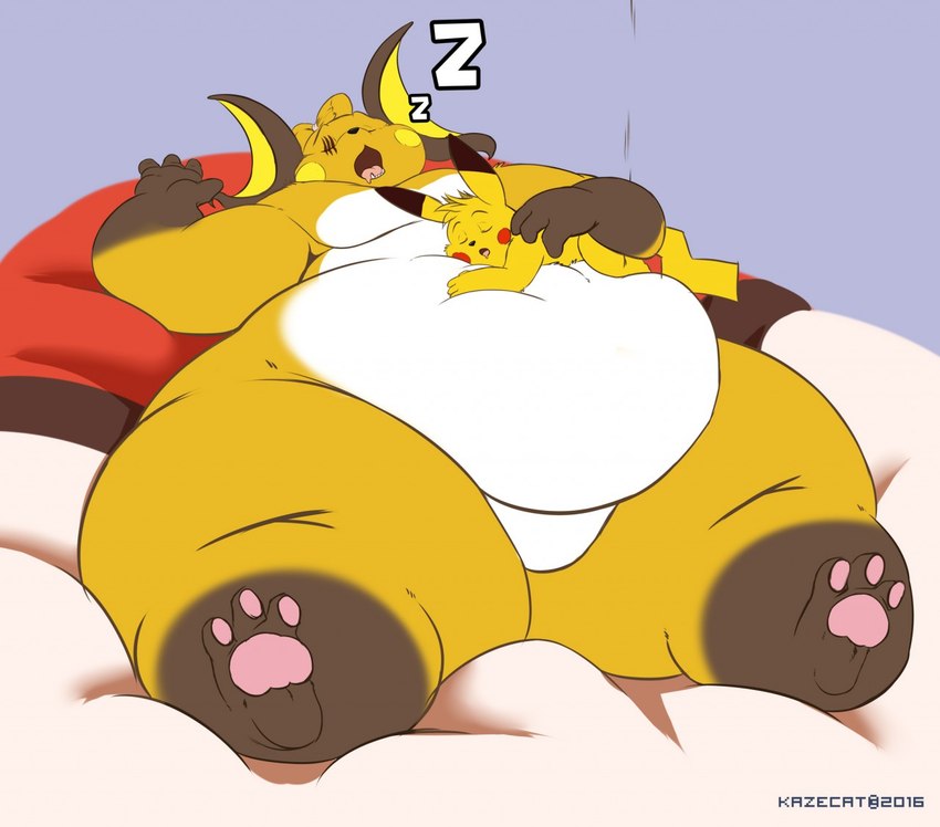 anthro belly big_belly duo eye_scar facial_scar fur huge_belly lying male navel obese obese_anthro obese_male on_back open_mouth orange_body orange_fur overweight overweight_anthro overweight_male paws pillow pokeball scar simple_background sleeping_on_partner snoring tail thick_thighs wide_hips yellow_body yellow_fur kazecat nintendo pokemon hercules_(cheesecaker) sparks_(cheesecaker) generation_1_pokemon pikachu pokemon_(species) raichu 2016