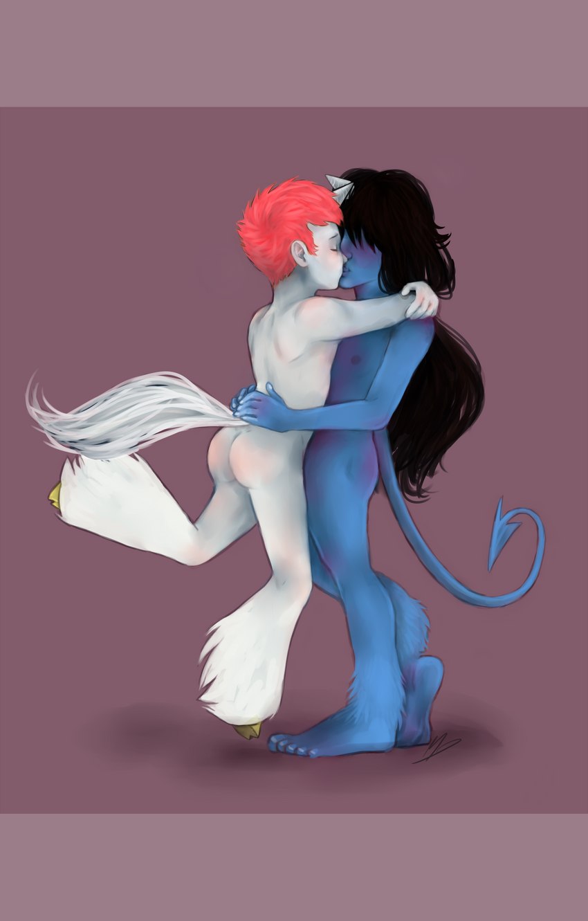 black_hair blue_body blue_fur blue_nipples blush butt duo eyes_closed femboy fur hair hooves horn hug kiss_on_lips kissing love male male/male mane nipples passionate passionate_kiss pink_hair pink_mane romantic romantic_ambiance romantic_couple short_hair spade_tail tail white_tail rustygrass33 mythology osamu_tezuka sanrio unico_(series) beezle_(unico) unico equid equine humanoid imp mammal mythological_creature mythological_equine unicorn 2013 absurd_res digital_drawing_(artwork) digital_media_(artwork) hi_res letterbox