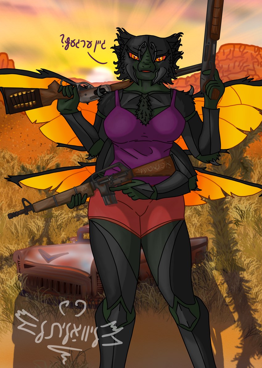 4_arms antennae_(anatomy) anthro ar-15 assault_rifle black_body bottomwear breasts bullet canada car clothed clothing desert dialogue female fingers grass green_body green_hands grey_body grey_mandibles gun holding_gun holding_object holding_ranged_weapon holding_weapon hotpants insect_wings lever_action lever_action_rifle looking_at_viewer m16 male mandibles maple_leaf mesa_(landscape) motor_vehicle multi_arm multi_limb non-mammal_breasts open_mouth orange_eyes orange_sclera orange_wings outside plant ranged_weapon red_mouth red_sclera rifle shirt shorts shotgun sky smile solo standing stinger sunset talking_to_viewer tank_top text thick_thighs topwear tree vehicle weapon wings yellow_eyes yellow_wings conditional_dnp livalittle fallout microsoft livia_(livalittle) arthropod cazador_(fallout) humanoid hymenopteran insect spider_wasp tarantula_hawk_wasp wasp 2023 absurd_res colored digital_drawing_(artwork) digital_media_(artwork) hi_res portrait shaded signature watermark yiddish_text