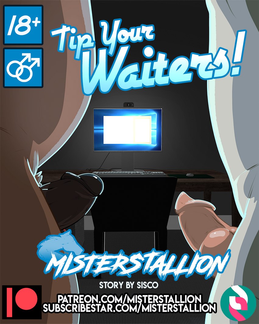 18+_adults_only_sign camera chair computer_mouse duo erection furniture genitals keyboard knot male male/male mostly_offscreen_character muscular nude penis text title webcam misterstallion microsoft microsoft_windows windows_10 bear canid canine canis mammal wolf 4:5 comic cover cover_art cover_page english_text hi_res url