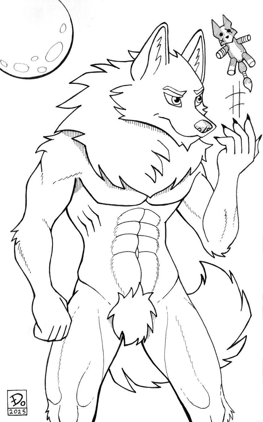 abs anthro claws doll finger_claws male moon muscular muscular_male navel neck_tuft nude solo tail tuft dogwash canid canine canis mammal wolf 2025 black_and_white hatching_(art) hi_res monochrome pen_(artwork) shaded traditional_media_(artwork)