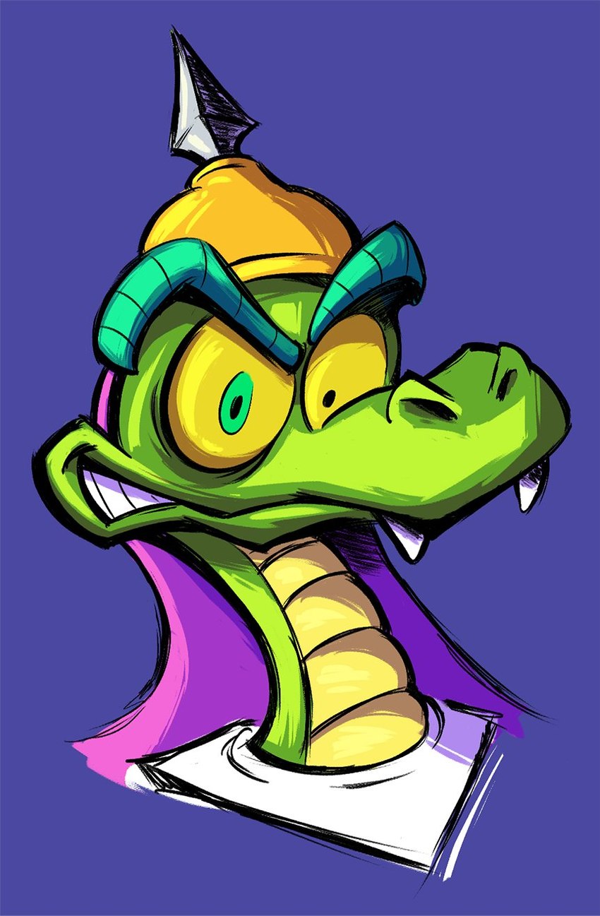 anthro armor blue_background clothing eyebrows fangs green_body green_skin headgear helmet male simple_background solo teeth yellow_sclera belette_2 activision crash_bandicoot_(series) komodo_joe komodo_dragon lizard monitor_lizard reptile scalie 2023 bust_portrait hi_res portrait