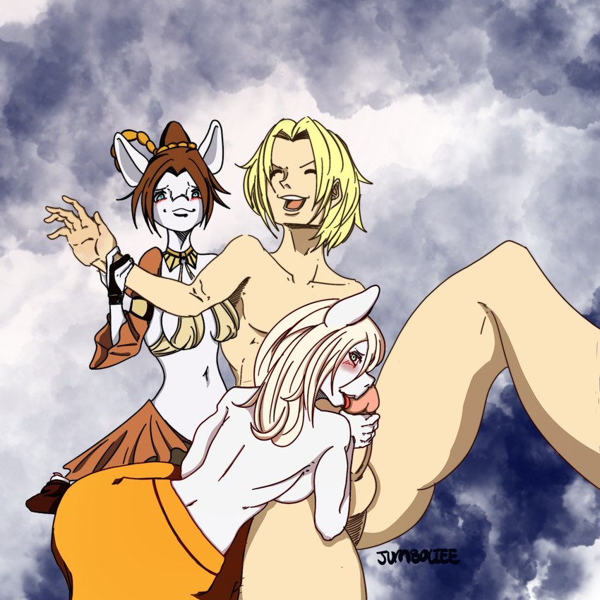 blonde_hair blue_eyes blush boots brown_hair clothing female footwear fur grey_body grey_fur group group_sex hair handjob holding_arm male male/female oral penile sex shoes smile threesome jumboliee final_fantasy final_fantasy_ix square_enix freya_crescent zidane_tribal burmecian human mammal rodent 1:1 cel_shading hi_res shaded