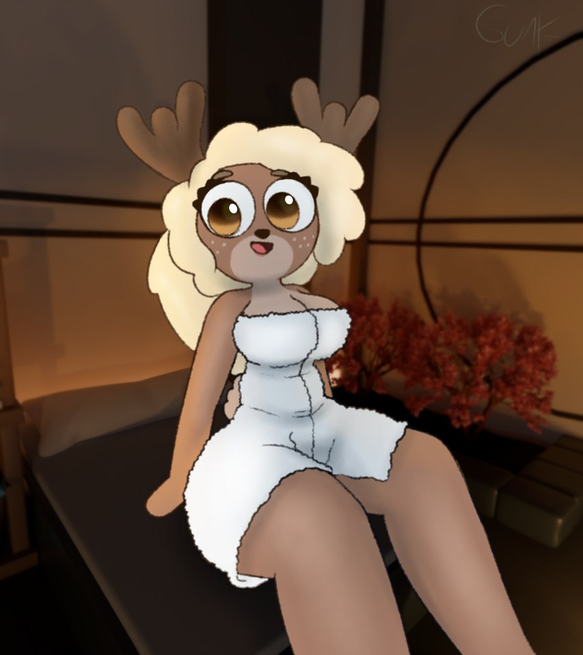 3d_background anthro antlers big_breasts blonde_hair breasts brown_body brown_eyes brown_fur cleavage clothed clothing curvy_figure eyelashes female fur hair happy horn hot_spring larger_female mattress onsen plant sauna size_difference smile solo text thick_thighs towel towel_only voluptuous water wide_hips guak blender_cycles nora_ashford deer mammal moose new_world_deer absurd_res hi_res