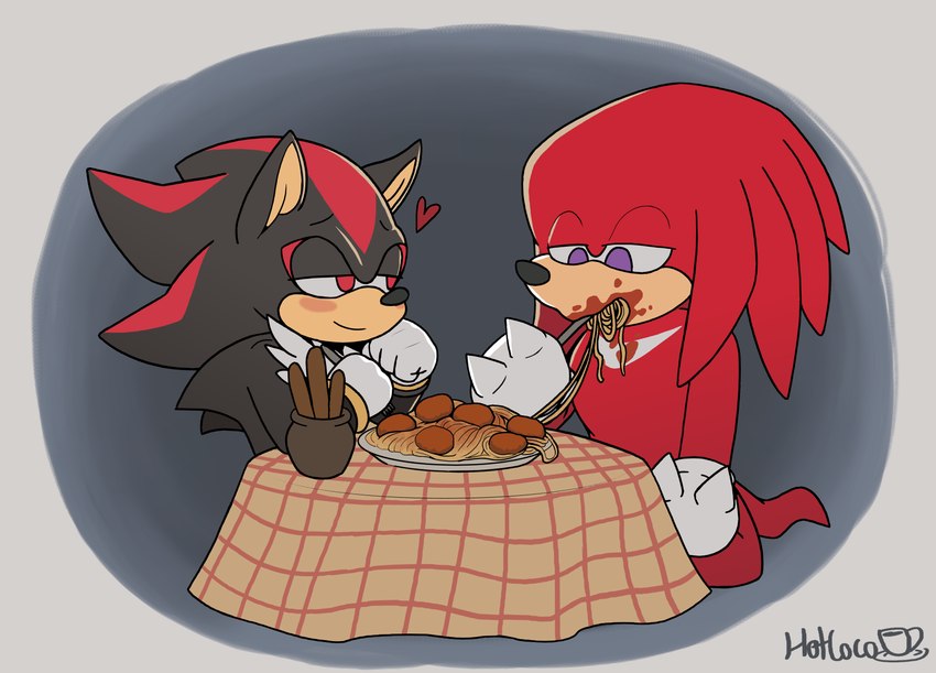 anthro clothing cutlery date dinner_date duo eating flirting food fork fur furniture gloves hair handwear holding_fork holding_object kitchen_utensils looking_at_another loving_gaze male male/male meatball messy_eater pasta plate romantic simple_background sitting smile spaghetti table tail tools hotcocopon sega sonic_the_hedgehog_(series) knuckles_the_echidna shadow_the_hedgehog echidna eulipotyphlan hedgehog mammal monotreme absurd_res digital_media_(artwork) hi_res