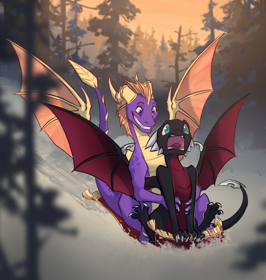 carpet duo female feral forest horn male plant screaming smile snow tail teeth tree wings xannador activision mythology spyro_the_dragon the_legend_of_spyro cynder spyro dragon mythological_creature mythological_scalie scalie digital_media_(artwork) hi_res