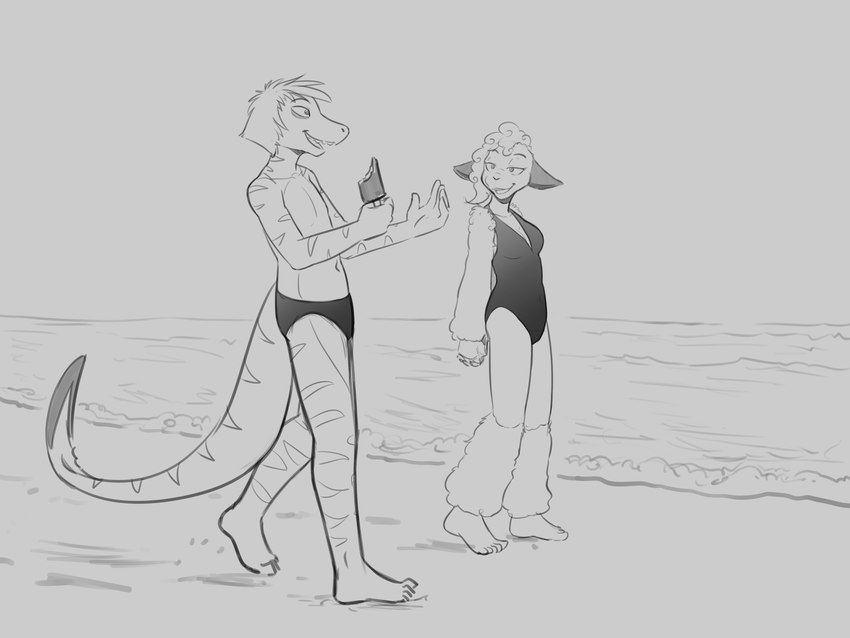 anthro beach clothing duo female ice_cream_bar leg_fur male one-piece_swimsuit outside speedo swimwear talking_to_another walking robin_dassen dylan_tyson ruby_acera bovid caprine fish mammal marine requiem_shark shark sheep tiger_shark 4:3 absurd_res hi_res monochrome