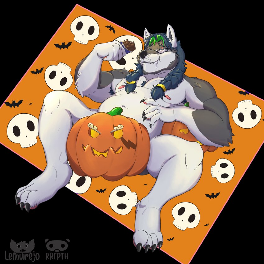 anthro belly bone braided_hair candy chocolate dessert eyewear food fruit glasses hair holidays male plant pumpkin skull slightly_chubby solo donlemurejo krepht halloween canid canine canis mammal wolf 1:1 artist_collaboration hi_res