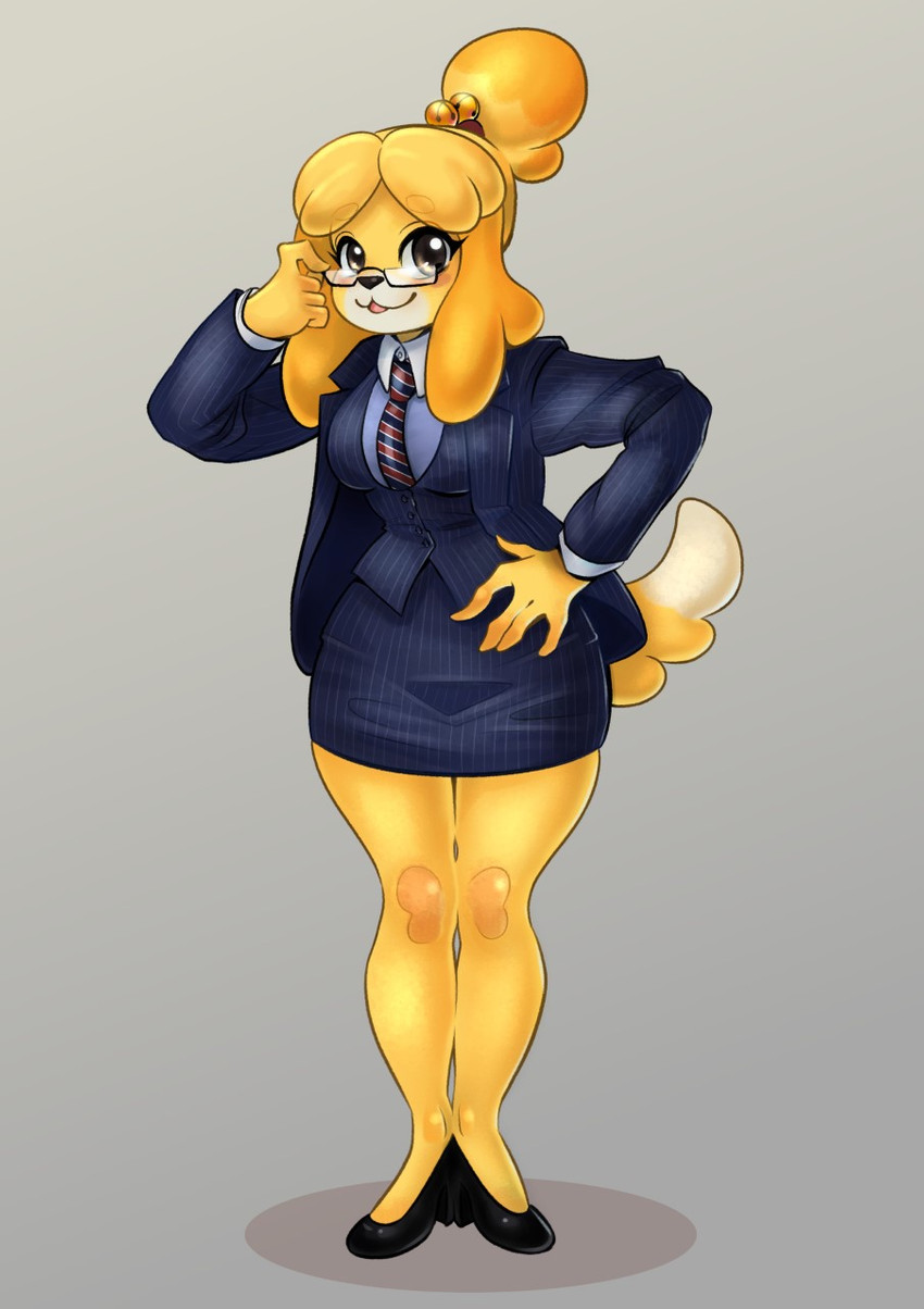 anthro bottomwear business_attire business_suit businesswear clothing eyewear female footwear fur glasses high_heels monotone_bottomwear monotone_clothing monotone_skirt necktie office_lady pencil_skirt shoes skirt solo suit topwear vest yellow_body yellow_fur apokripha animal_crossing nintendo isabelle_(animal_crossing) canid canine canis domestic_dog mammal hi_res