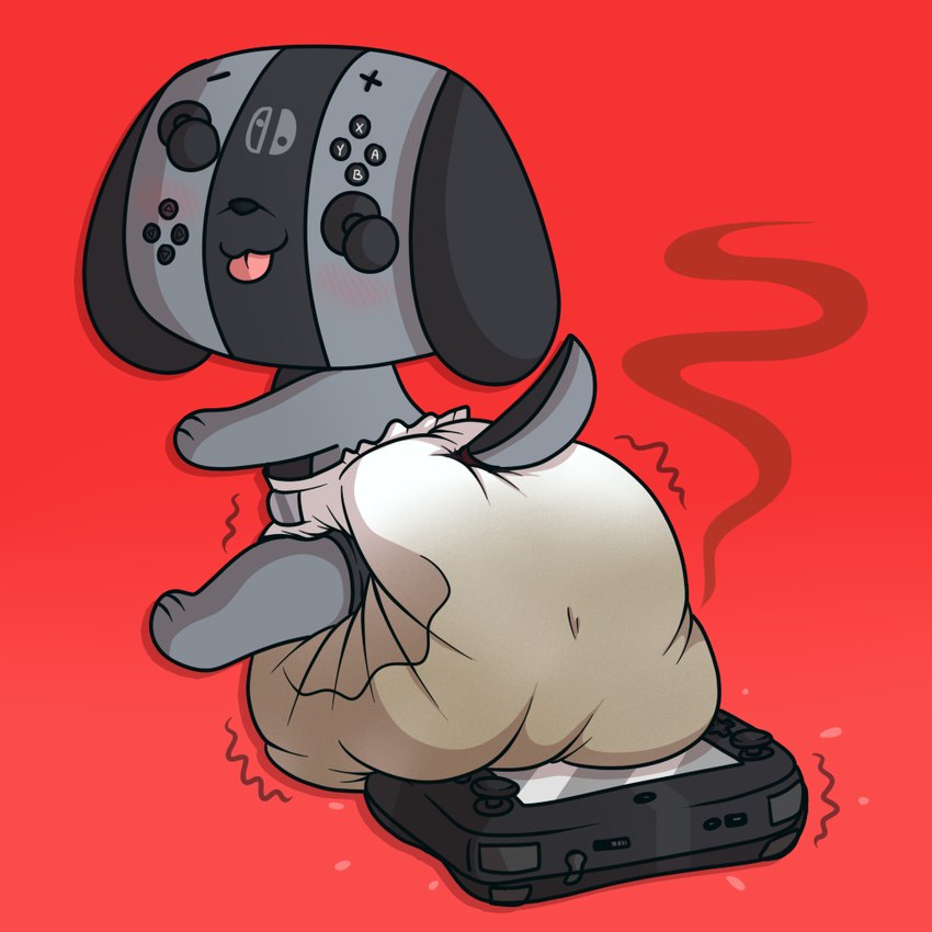 ambiguous_gender anthro blush clothing diaper electronics feces game_console messy_diaper scatplay simple_background soiling solo stink_fumes stink_lines tongue tongue_out tenerius nintendo nintendo_switch wii_u switch_dog animate_inanimate canid mammal 1:1 alternate_version_at_source