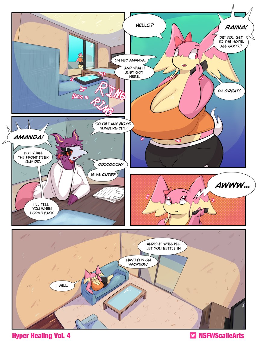 anthro big_breasts breasts clothed clothing female fully_clothed huge_breasts hyper hyper_breasts pink_body slightly_chubby text thick_thighs wide_hips goopyarts nintendo pokemon amanda_(goopyarts) raina_(goopyarts) aromatisse audino generation_5_pokemon generation_6_pokemon pokemon_(species) 3:4 comic english_text hi_res