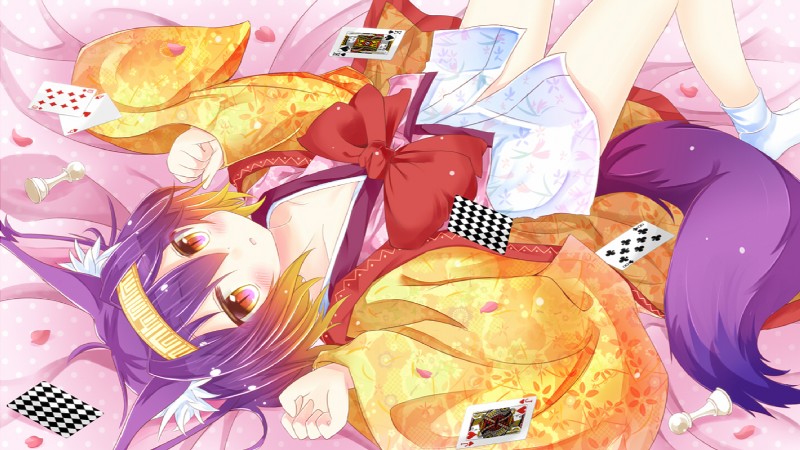 ace_of_hearts asian_clothing card chess_piece clothing clubs_(suit) diamonds_(suit) east_asian_clothing eight_of_clubs female fox_tail game_piece hair heart_symbol hearts_(suit) jack_of_hearts japanese_clothing king_of_spades looking_at_viewer lying multicolored_eyes multicolored_hair number on_back paw_pose playing_card pose pupils slit_pupils solo spades_(suit) suit_symbol ten_of_diamonds umi_suzume no_game_no_life hatsuse_izuna animal_humanoid humanoid mammal