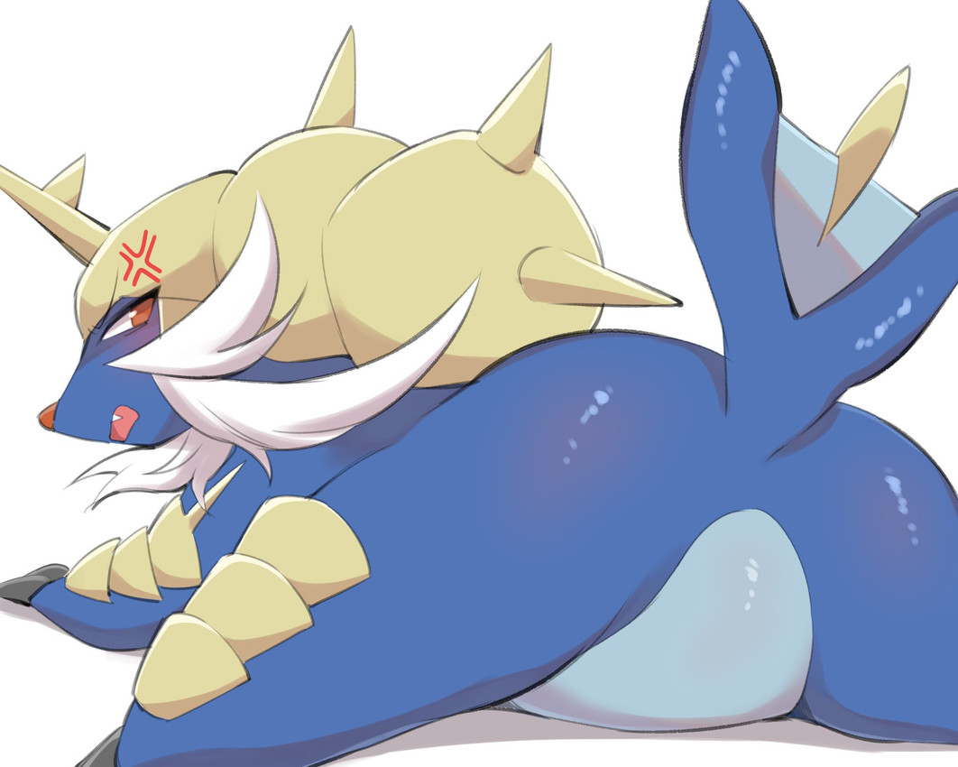 ambiguous_gender angry annoyed armor blue_body blue_fur blue_skin blue_tail blush body_blush butt butt_blush claws cross-popping_vein fangs featureless_crotch feral fin fur glistening headgear horn looking_at_viewer looking_back looking_back_at_viewer lying multicolored_body null on_front open_mouth quadruped raised_tail rear_view red_eyes red_nose shell simple_background solo spikes spread_legs spreading tail tail_fin teeth tongue two_tone_body whiskers white_background taoru nintendo pokemon generation_5_pokemon mammal pokemon_(species) samurott 2021 digital_media_(artwork) hi_res unavailable_at_source