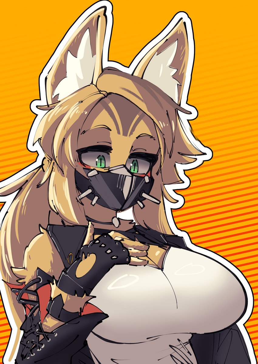 anthro big_breasts blonde_hair breasts clothing female fingerless_gloves fur gloves green_eyes hair handwear huge_breasts inner_ear_fluff looking_down mask multicolored_body multicolored_fur ponytail solo tuft white_body white_fur yellow_body yellow_fur sharklemon mihoyo zenless_zone_zero pulchra_fellini domestic_cat felid feline felis mammal thiren absurd_res hi_res