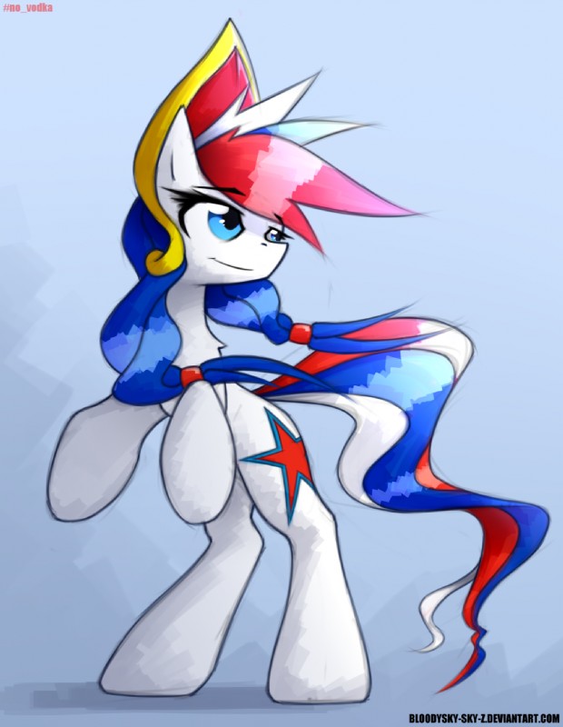 blue_eyes blue_hair cutie_mark eyelashes female feral fur hair red_hair simple_background smile solo standing white_body white_fur queenbloodysky hasbro my_little_pony fan_character equid mammal hi_res