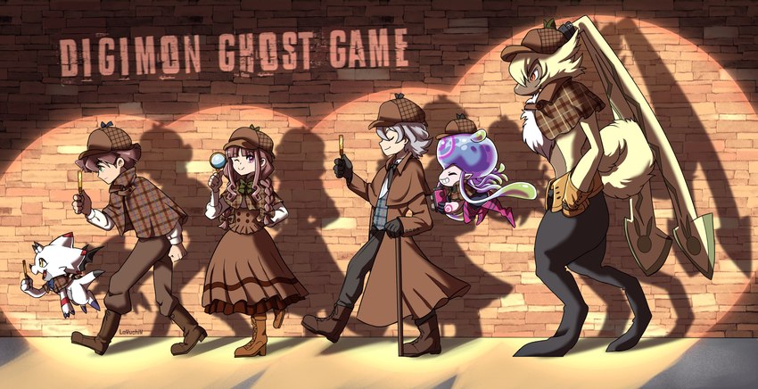 anthro detective detective_hat female fluffy_chest group long_ears magnifying_glass male text hikariluzw bandai_namco digimon digimon_ghost_game hiro_amanokawa kiyoshiro_higashimitarai ruri_tsukiyono digimon_(species) gammamon human humanoid jellymon lagomorph leporid mammal rabbit scalie symbareangoramon absurd_res english_text hi_res