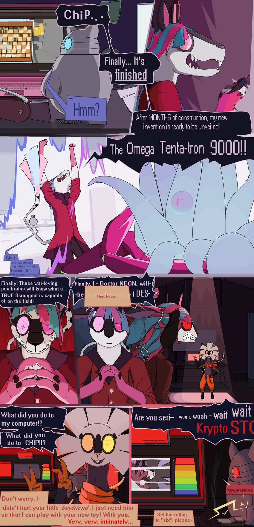 anthro computer dialogue electronics female group laptop machine speech_bubble spotlight tentacles text jaylus_t_meowstic floraverse chip_(floraverse) krypto_(floraverse) neon_(floraverse) humanoid robot scrapgoat tentacle_creature absurd_res comic english_text hi_res trans_(lore) trans_woman_(lore)