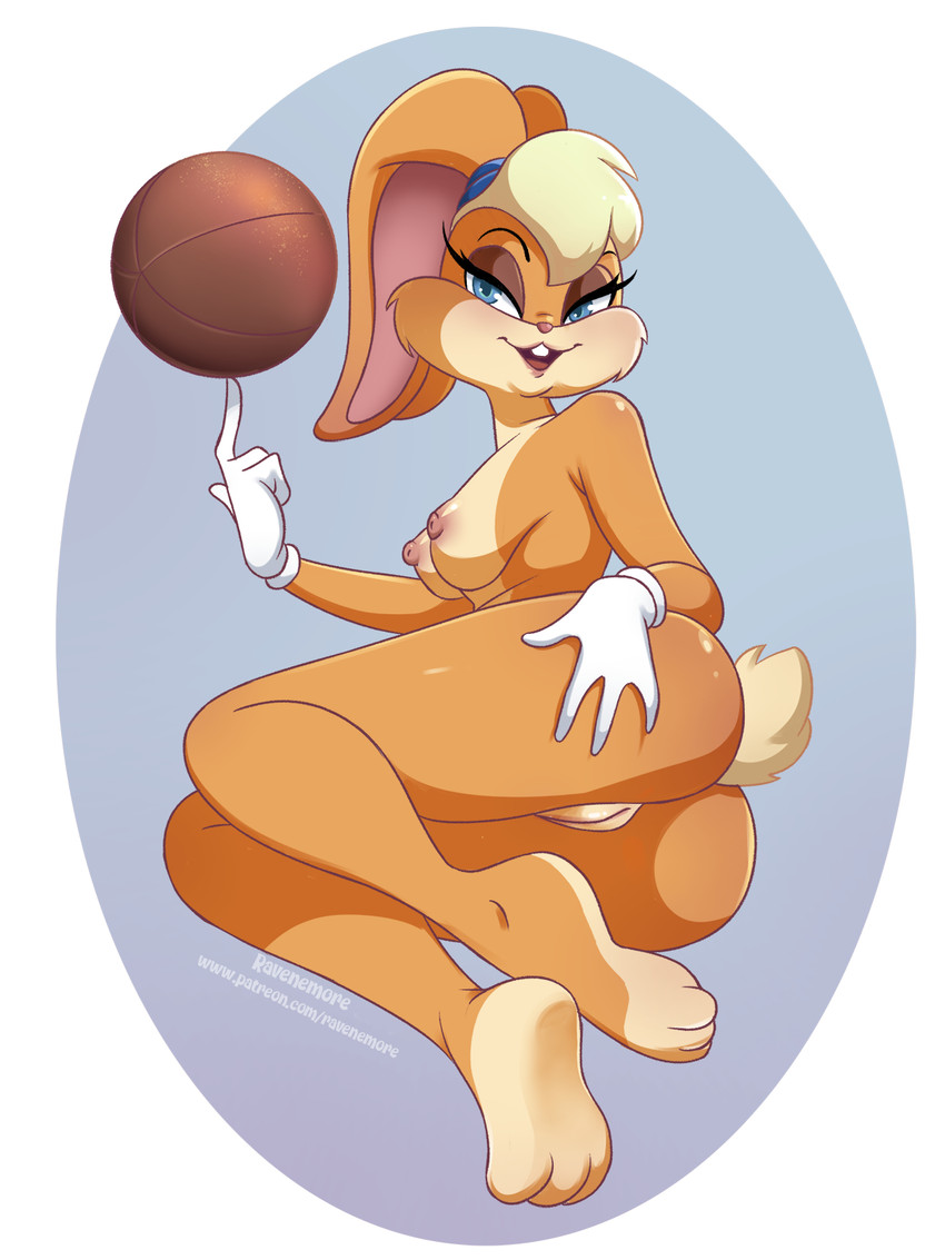 anthro ball basketball blonde_hair blue_eyes breasts butt clothing female genitals gloves hair hand_on_butt handwear nipples nude pussy solo ravenemore looney_tunes warner_brothers lola_bunny lagomorph leporid mammal rabbit 3:4 hi_res