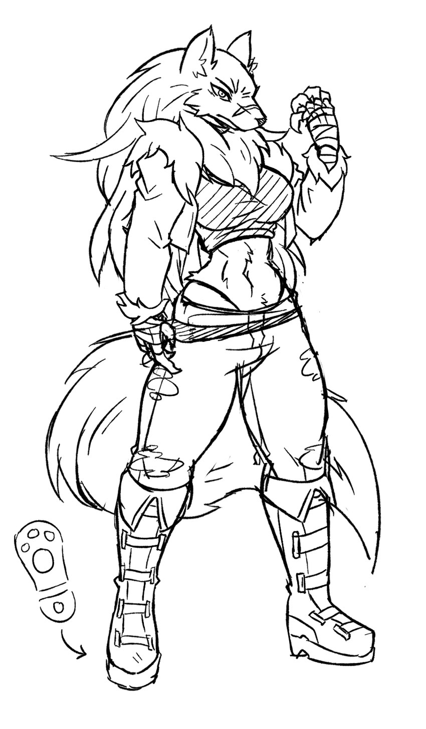 abs anthro boots bottomwear breasts claws clothing female footwear jacket pants scar shirt shoes solo string_panties topwear rakkuguy velvela canid canine canis mammal wolf hi_res monochrome sketch