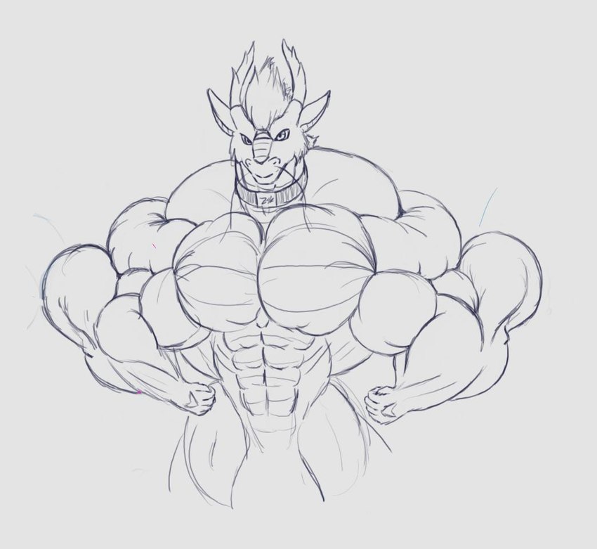 anthro antlers big_muscles collar collar_only flexing front_view horn huge_muscles hyper hyper_muscles looking_at_viewer male muscular nude solo sonicgamer mythology zylo_(sonicgamer) dragon eastern_dragon mythological_creature mythological_scalie scalie 2019 sketch