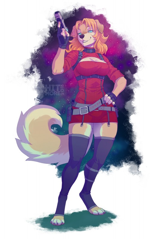 4_toes anthro big_breasts blonde_hair blue_eyes breasts claws clothed clothing ear_piercing feet female gun hair piercing ranged_weapon solo toes weapon hitmore aileas_(fossi3) bird_dog canid canine canis domestic_dog golden_retriever hunting_dog mammal retriever 2018 2:3 absurd_res hi_res