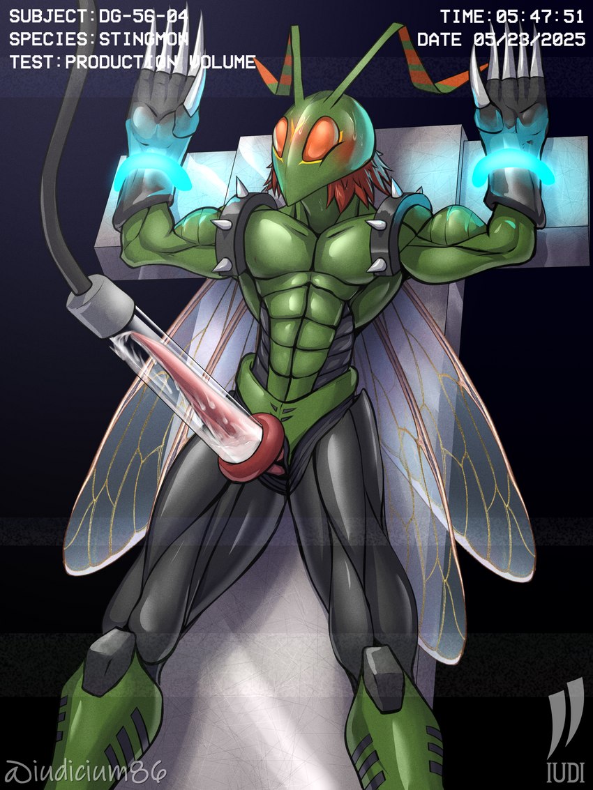 abs anthro armor blush bodily_fluids bound captured clothing compound_eyes cuff_(restraint) cum exoskeleton exoskeleton_markings gauntlets genital_fluids genitals gloves green_body green_skin handwear insect_wings machine male membrane_(anatomy) membranous_wings milking_cum milking_machine muscular orange_eyes penile penis penis_milking restraining_table restraints solo tapering_penis vhs_filter wings wrist_cuffs iudicium86 bandai_namco digimon arthropod digimon_(species) stingmon 3:4 hi_res