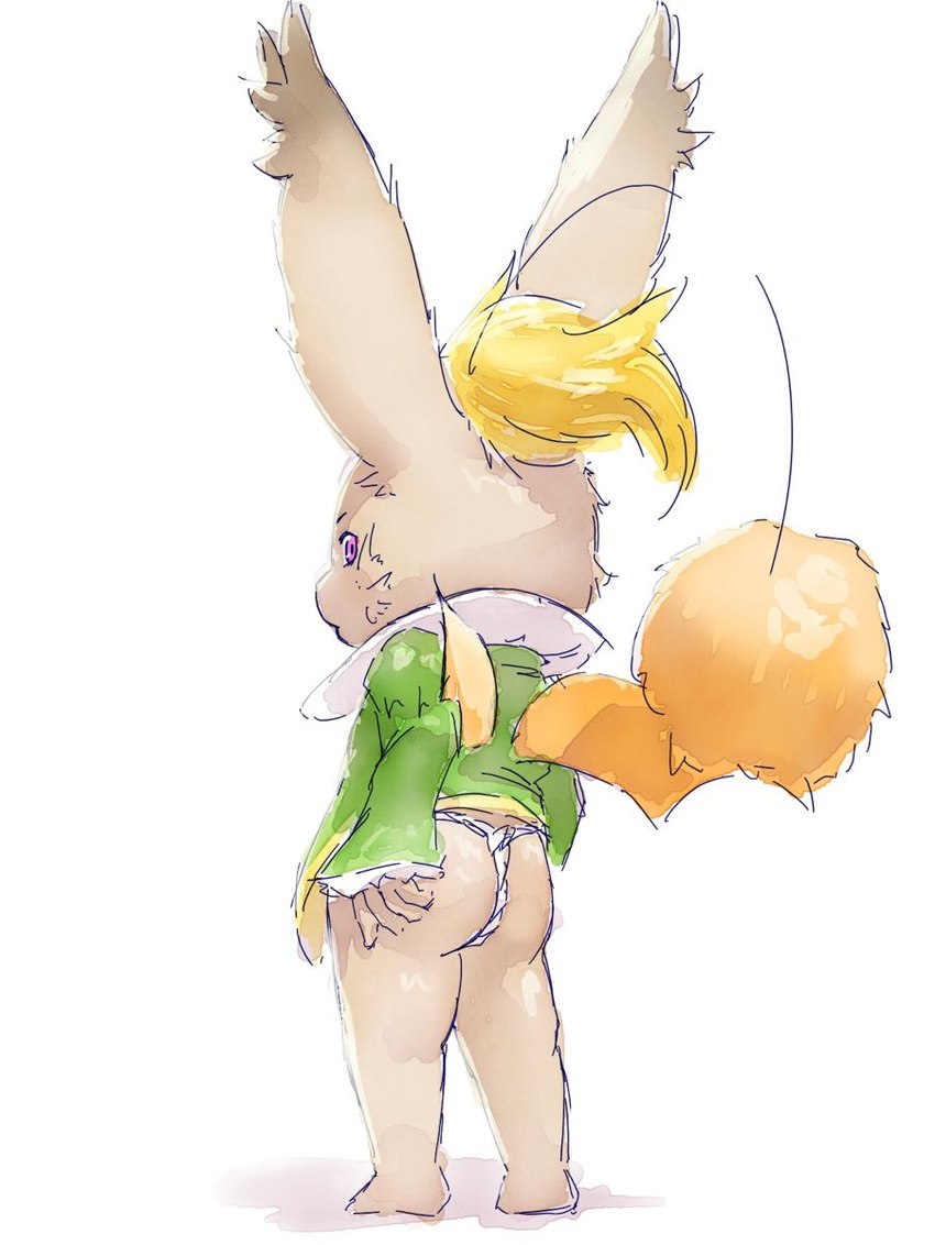 antennae_(anatomy) anthro asian_clothing blonde_hair brown_body brown_fur butt clothing east_asian_clothing fundoshi fur hair japanese_clothing looking_back male pom_antennae solo underwear white_body white_fur wings young young_anthro apluss final_fantasy square_enix montblanc ivalician_moogle mammal moogle hi_res