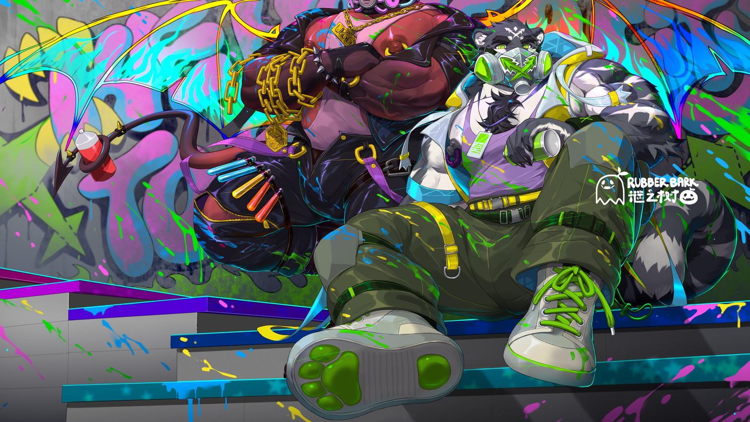 accessory anthro areola barazoku beard biceps black_areola black_clothing black_gloves black_hair black_handwear black_jacket black_nipples black_topwear bottomwear bracelet can chain chain_necklace chest_tuft claws clothed clothing container crossed_arms duo facial_hair finger_claws footwear forearm_muscles fur furgonomics gas_mask gloves gloves_(marking) gold_(metal) gold_chain gold_jewelry gold_necklace graffiti graffiti_on_wall green_bottomwear green_clothing green_eyes green_pants hair handwear holding_can holding_container holding_object holding_spray_can hoodie jacket jewelry knee_pads laboratory_equipment laboratory_glassware leaning leaning_backward leaning_on_wall leather leather_bottomwear leather_clothing leather_gloves leather_handwear leather_jacket leather_pants leather_topwear legband logo male markings mask muscular muscular_anthro muscular_humanoid muscular_male necklace nipple_piercing nipple_ring nipples open_bottomwear open_clothing open_jacket open_pants open_topwear paint paint_on_body paint_on_chest paint_on_shoes pants pecs piercing pink_clothing pink_shirt pink_tank_top pink_topwear prehensile_tail red_body red_skin ring ring_piercing scientific_instrument shirt shoes sitting sitting_on_stairs sneakers spiked_bracelet spiked_tail_ring spikes stairs striped_body striped_fur stripes tail tail_accessory tail_jewelry tail_ring tank_top test_tube text topwear tuft white_clothing white_footwear white_shoes white_sneakers yellow_clothing yellow_hoodie yellow_topwear rubberbark urgon demon demon_humanoid felid humanoid mammal pantherine tiger 2025 absurd_res artist_logo artist_name chinese_text english_text hi_res