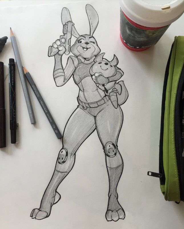 anthro armor breasts carrot clothing female food gun handgun pistol plant plushie ranged_weapon simple_background small_breasts solo uniform vegetable weapon reiq disney zootopia judy_hopps nick_wilde lagomorph leporid mammal rabbit hi_res sketch