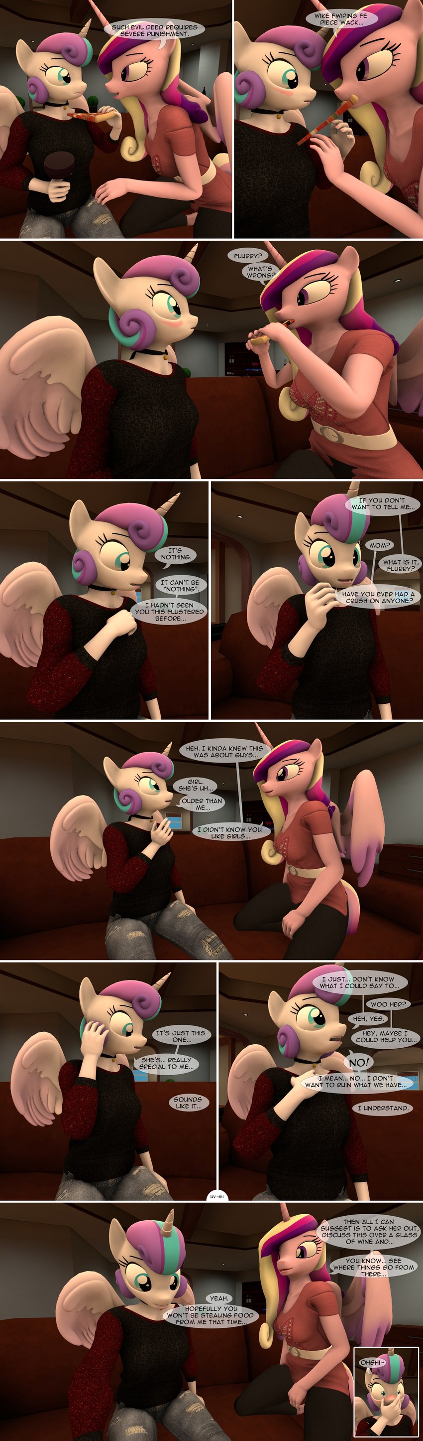 clothing dialogue eating embarrassed female female/female food horn inside living_room pizza text wings spud-arts friendship_is_magic hasbro my_little_pony mythology flurry_heart_(mlp) princess_cadance_(mlp) equid equine mammal mythological_creature mythological_equine winged_unicorn 3d_(artwork) absurd_res comic digital_media_(artwork) english_text hi_res daughter_(lore) incest_(lore) mother_(lore) mother_and_child_(lore) mother_and_daughter_(lore) parent_(lore) parent_and_child_(lore) parent_and_daughter_(lore)
