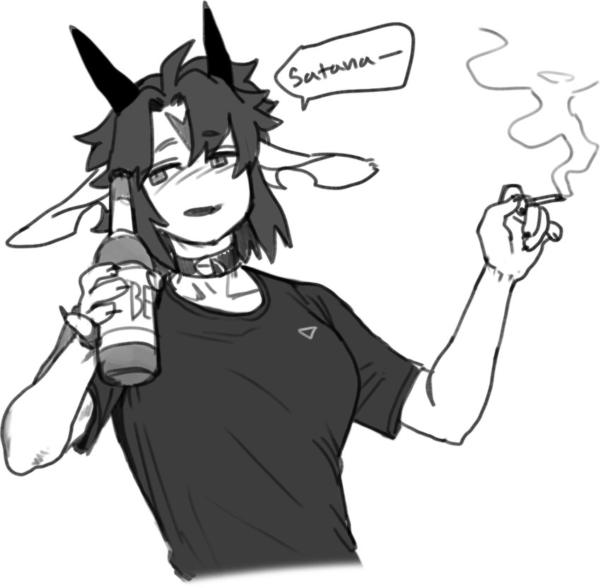 alcohol anthro beer beer_bottle beverage bottle cigarette clothing collar container dialogue female horn shirt solo text topwear pgm300 my_summer_car mythology chabett dragon mythological_creature mythological_scalie scalie wingless_dragon 2024 finnish_text monochrome sketch