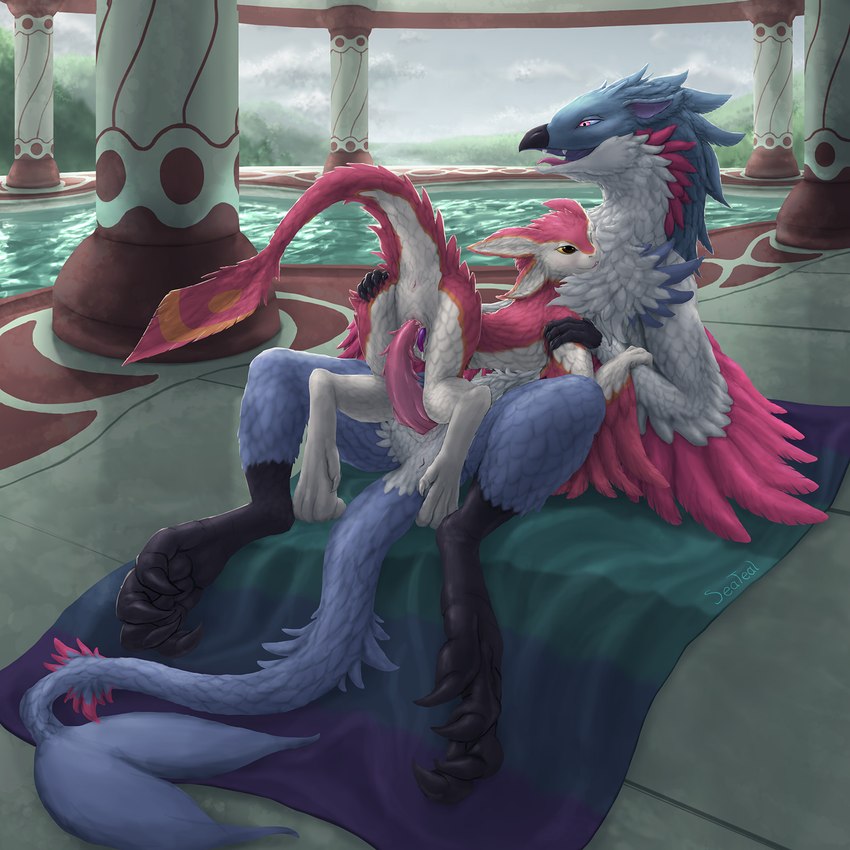 3_fingers 4_ears 4_fingers 4_toes animal_genitalia anthro anthro_on_anthro anthro_penetrated anthro_penetrating anthro_penetrating_anthro anus avian_feet beak big_dom_small_sub bird_legs blue_body blue_feathers bodily_fluids chest_tuft column cuddling curling_toes digitigrade dominant dripping duo feathered_wings feathers feet fingers from_front_position genital_fluids genital_slit genitals half-erect hand_on_arm hand_on_hip head_tuft knot landscape looking_pleasured lying male male/male male_penetrated male_penetrating male_penetrating_male multi_ear on_back one_eye_closed open_mouth penetration penile penile_penetration penis penis_size_difference penis_tip pink_body pink_feathers poolside precum precum_drip precum_on_penis raised_tail reclining reverse_missionary_position sex shallow_penetration size_difference sky slit_penetration slit_play smaller_penetrated spade_tail spiked_penis spikes spikes_(anatomy) swimming_pool tail tail_tuft tapering_penis teeth toes tongue towel tuft underfluffies water white_body white_feathers winged_arms wings seateal nezuyo ryke_sellwing avali avian dinosaur dromaeosaurid feathered_raptor hybrid prehistoric_species reptile scalie theropod 1:1 2020 hi_res