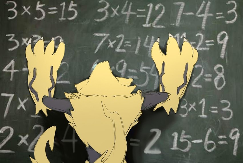 ambiguous_gender anthro chalkboard claws fur math number solo tail yellow_body yellow_fur itz_smi73 nintendo pokemon generation_7_pokemon legendary_pokemon pokemon_(species) zeraora hi_res