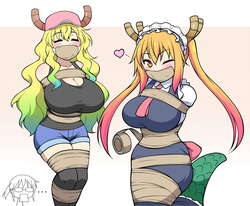 bdsm big_breasts blonde_hair blush bondage bottomwear bound breasts clothing duo_focus female green_tail group hair maid_uniform one_eye_closed pigtails scales scaly_tail shirt shocked shorts smile tail tank_top tape tape_bondage topwear uniform jam-orbital miss_kobayashi's_dragon_maid mythology kobayashi_(dragon_maid) quetzalcoatl_(dragon_maid) tohru_(dragon_maid) animal_humanoid dragon dragon_humanoid human humanoid mammal mythological_creature mythological_scalie scalie 2017 hi_res